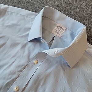 Brooks Brothers Shirt Men's 16.5 4/5 Regent Blue Pink Plaid Non Iron Button Up